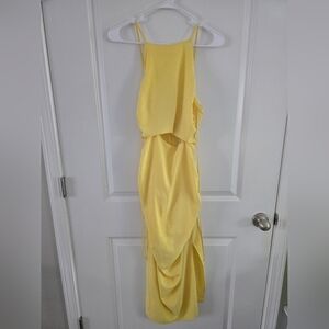 NSR Yellow Asymmetrical Ruched Midi Gown